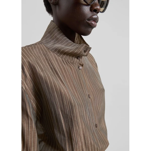 The Frankie Shop Avila Sheer Fluid Shirt - Brown/White Stripe - Oversized Minimalist Tops in Brown - Shop at Luxury Shoes 