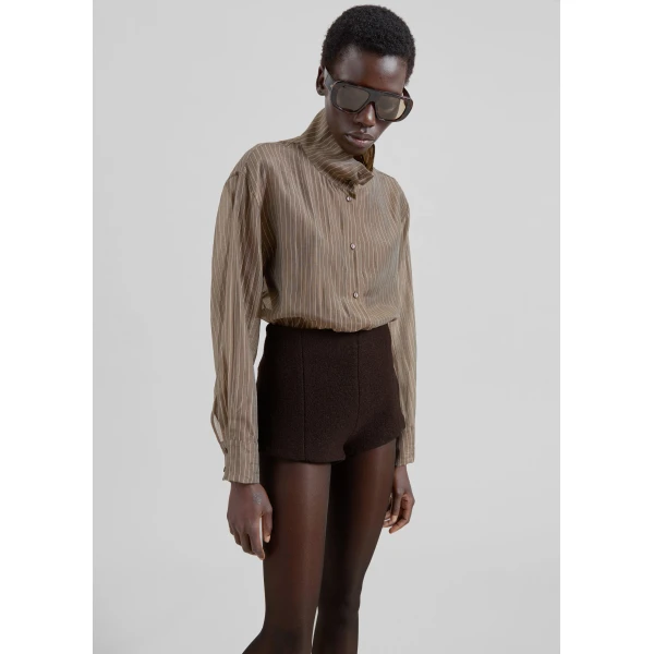 The Frankie Shop Avila Sheer Fluid Shirt - Brown/White Stripe - Oversized Minimalist Tops in Brown - Shop at Luxury Shoes 