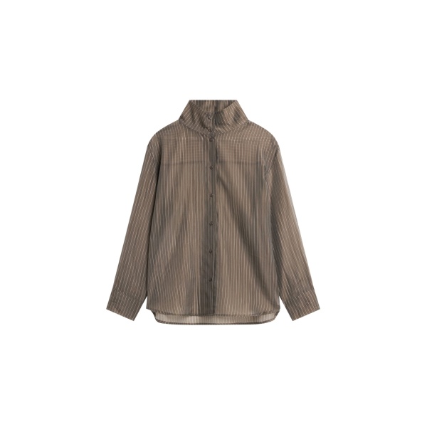 The Frankie Shop Avila Sheer Fluid Shirt - Brown/White Stripe - Oversized Minimalist Tops in Brown - Shop at Luxury Shoes 