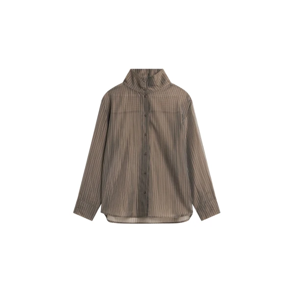 The Frankie Shop Avila Sheer Fluid Shirt - Brown/White Stripe - Oversized Minimalist Tops in Brown - Shop at Luxury Shoes 