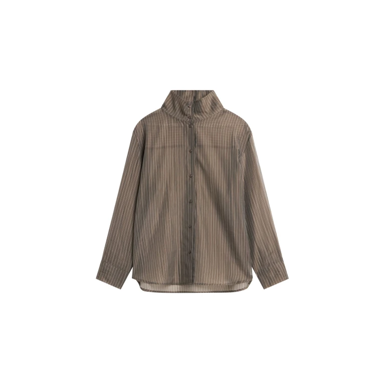 The Frankie Shop Avila Sheer Fluid Shirt - Brown/White Stripe - Oversized Minimalist Tops in Brown - Shop at Luxury Shoes 
