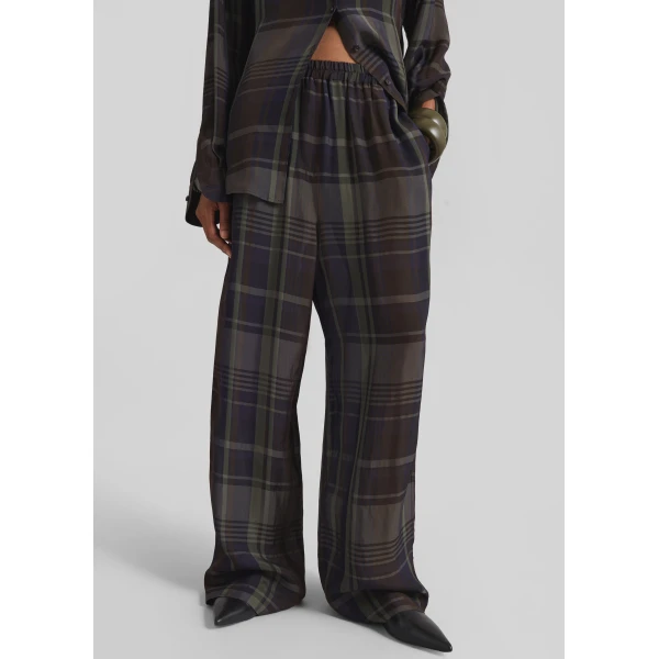 The Frankie Shop Baxter Sheer Fluid Track Pants - Navy Tartan - Oversized Minimalist Pants in Blue - Shop at Luxury Shoes 