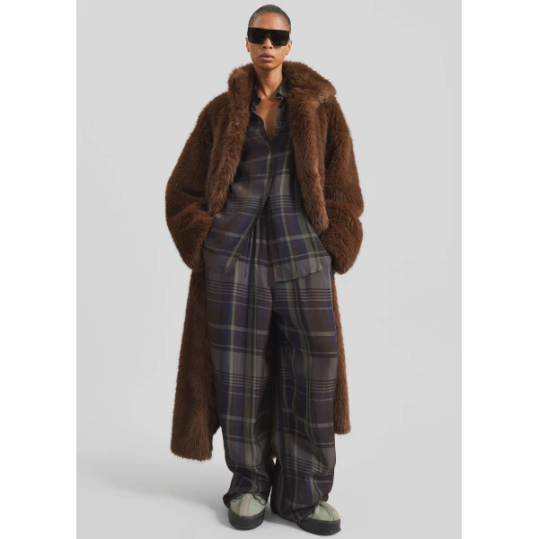 The Frankie Shop Baxter Sheer Fluid Track Pants - Navy Tartan - Oversized Minimalist Pants in Blue - Shop at Luxury Shoes 