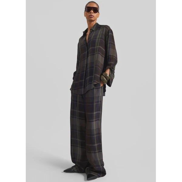 The Frankie Shop Baxter Sheer Fluid Track Pants - Navy Tartan - Oversized Minimalist Pants in Blue - Shop at Luxury Shoes 