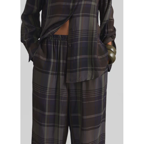 The Frankie Shop Baxter Sheer Fluid Track Pants - Navy Tartan - Oversized Minimalist Pants in Blue - Shop at Luxury Shoes 