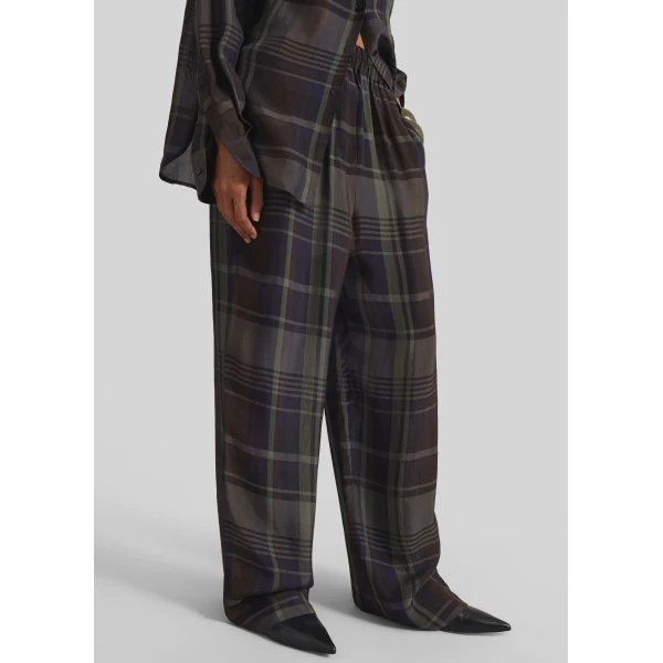 The Frankie Shop Baxter Sheer Fluid Track Pants - Navy Tartan - Oversized Minimalist Pants in Blue - Shop at Luxury Shoes 