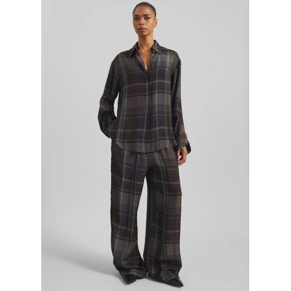 The Frankie Shop Baxter Sheer Fluid Track Pants - Navy Tartan - Oversized Minimalist Pants in Blue - Shop at Luxury Shoes 