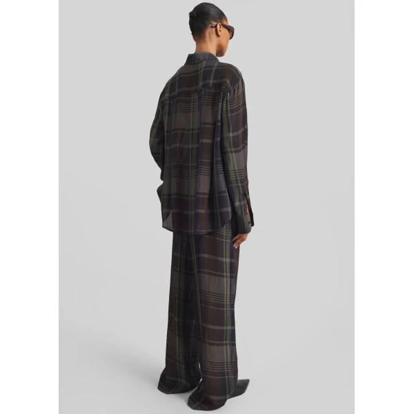 The Frankie Shop Baxter Sheer Fluid Track Pants - Navy Tartan - Oversized Minimalist Pants in Blue - Shop at Luxury Shoes 