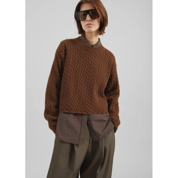 The Frankie Shop Brisbane Cropped Boxy Sweater - Brown - Oversized Minimalist Knitwear in Brown - Shop at Luxury Shoes 