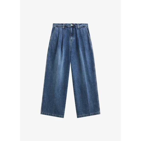 The Frankie Shop Buxton Pleated Wide Jeans - Medium Wash - Oversized Minimalist Pants in Blue - Shop at Luxury Shoes 