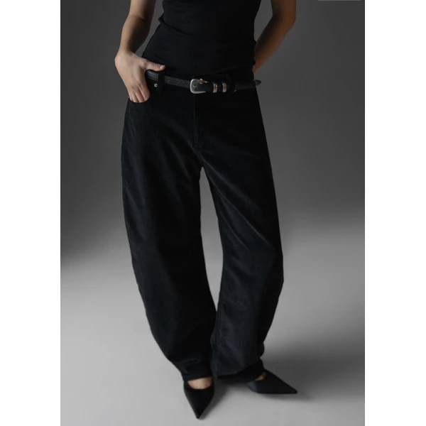 The Frankie Shop Caistor Corduroy Barrel Leg Pants - Black - Oversized Minimalist Pants in Black - Shop at Luxury Shoes 