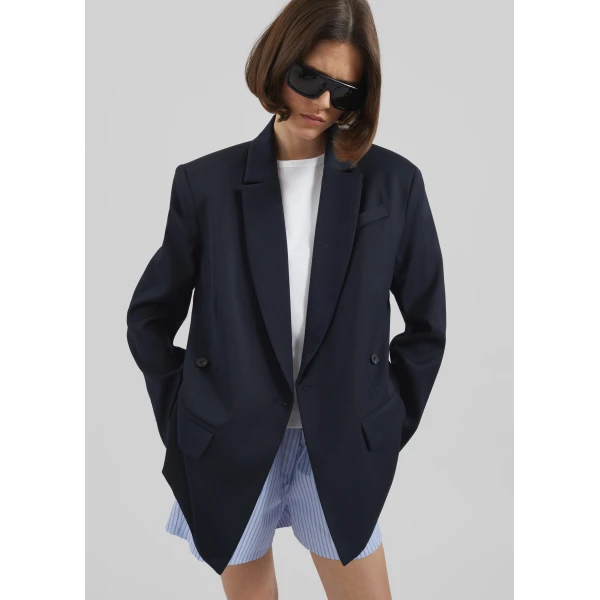 The Frankie Shop Calvay Crossover Blazer - Dark Navy - Oversized Minimalist Jackets in Blue - Shop at Luxury Shoes 