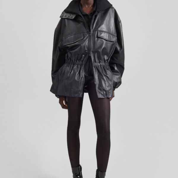 The Frankie Shop Carnaby Funnel Neck Leather Jacket – Black, view 2