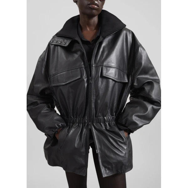 The Frankie Shop Carnaby Funnel Neck Leather Jacket - Black - Oversized Minimalist Jackets in Black - Shop at Luxury Shoes 