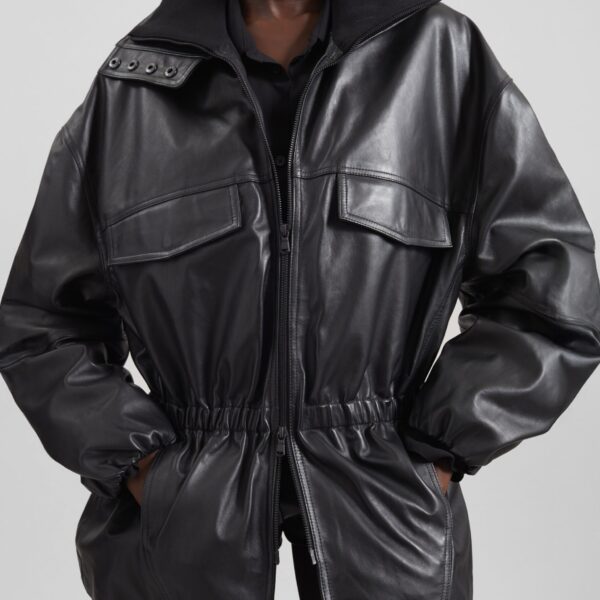 The Frankie Shop Carnaby Funnel Neck Leather Jacket – Black, view 3