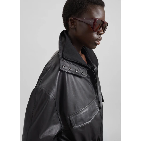 The Frankie Shop Carnaby Funnel Neck Leather Jacket - Black - Oversized Minimalist Jackets in Black - Shop at Luxury Shoes 