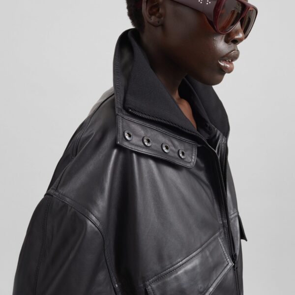 The Frankie Shop Carnaby Funnel Neck Leather Jacket – Black, view 4