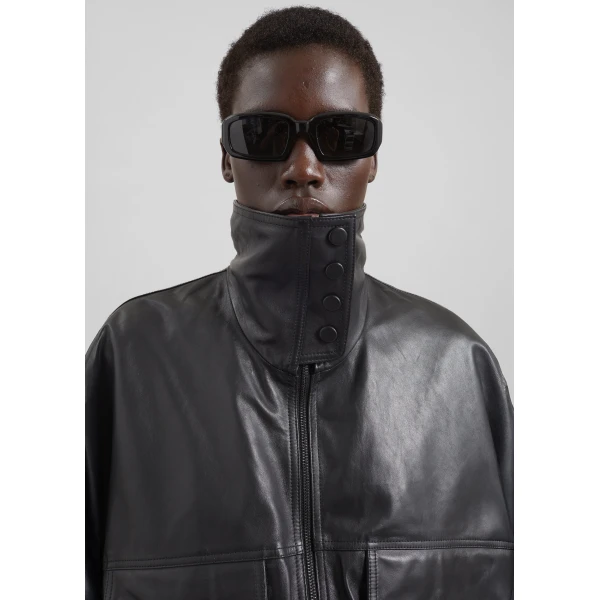 The Frankie Shop Carnaby Funnel Neck Leather Jacket - Black - Oversized Minimalist Jackets in Black - Shop at Luxury Shoes 