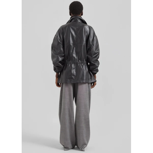 The Frankie Shop Carnaby Funnel Neck Leather Jacket - Black - Oversized Minimalist Jackets in Black - Shop at Luxury Shoes 