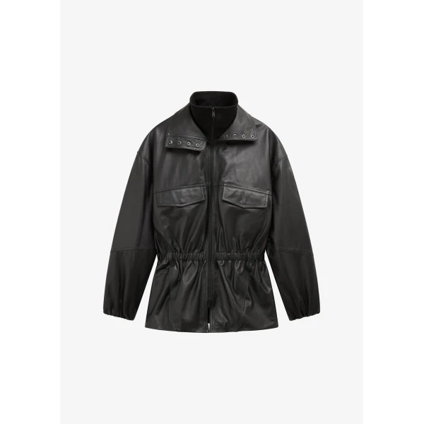 The Frankie Shop Carnaby Funnel Neck Leather Jacket - Black - Oversized Minimalist Jackets in Black - Shop at Luxury Shoes 