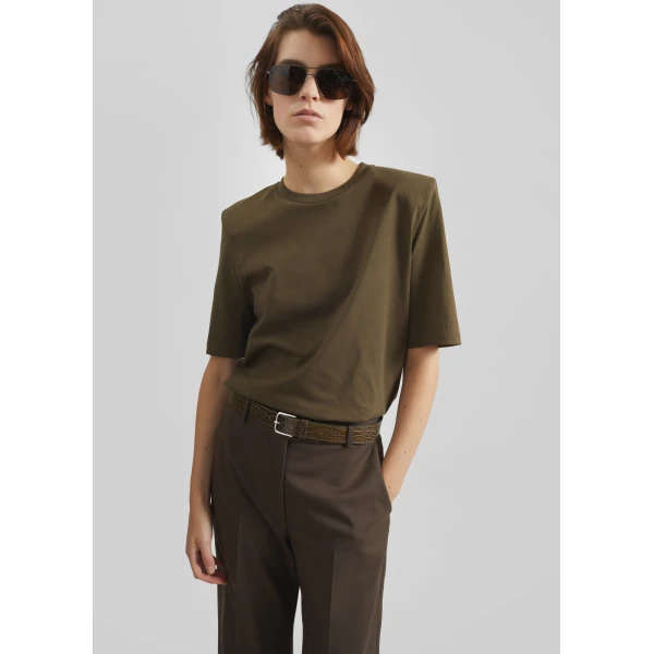 The Frankie Shop Carrington Padded Shoulder Tee - Olive - Oversized Minimalist Tops in Green - Shop at Luxury Shoes 