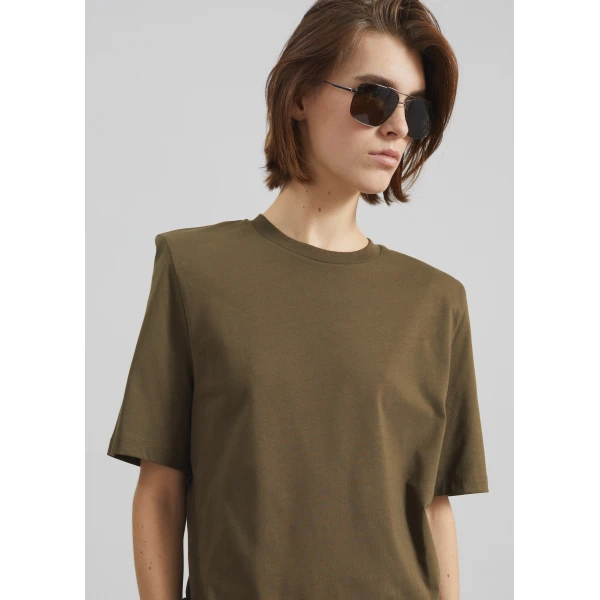 The Frankie Shop Carrington Padded Shoulder Tee - Olive - Oversized Minimalist Tops in Green - Shop at Luxury Shoes 