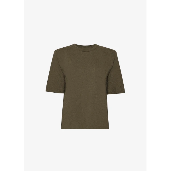 The Frankie Shop Carrington Padded Shoulder Tee - Olive - Oversized Minimalist Tops in Green - Shop at Luxury Shoes 