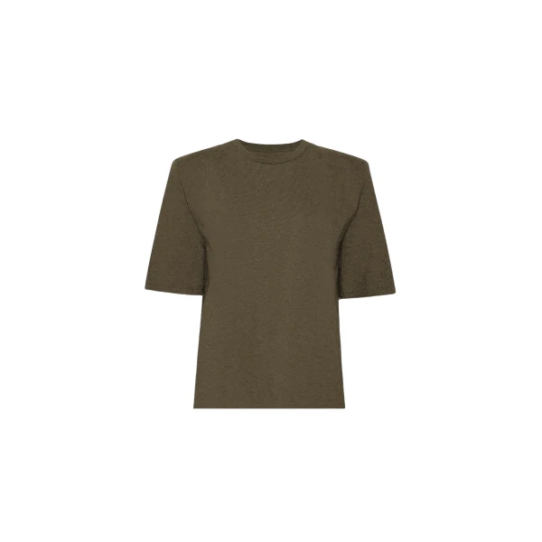 The Frankie Shop Carrington Padded Shoulder Tee - Olive - Oversized Minimalist Tops in Green - Shop at Luxury Shoes 