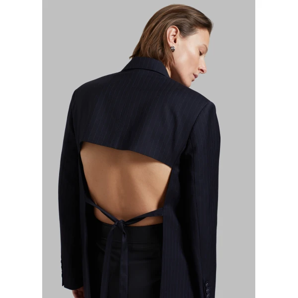 The Frankie Shop Cedric Open Back Blazer - Navy Stripe - Oversized Minimalist Jackets in Blue - Shop at Luxury Shoes 
