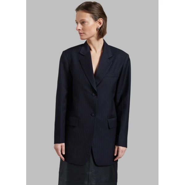 The Frankie Shop Cedric Open Back Blazer - Navy Stripe - Oversized Minimalist Jackets in Blue - Shop at Luxury Shoes 