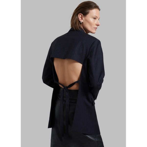 The Frankie Shop Cedric Open Back Blazer - Navy Stripe - Oversized Minimalist Jackets in Blue - Shop at Luxury Shoes 