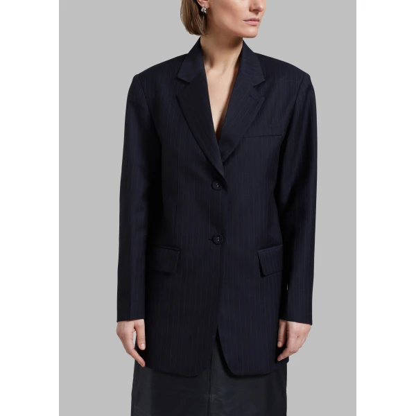 The Frankie Shop Cedric Open Back Blazer - Navy Stripe - Oversized Minimalist Jackets in Blue - Shop at Luxury Shoes 