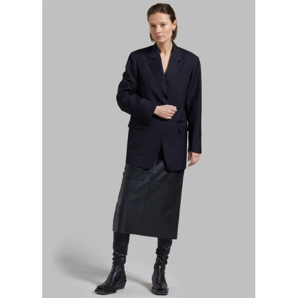 The Frankie Shop Cedric Open Back Blazer - Navy Stripe - Oversized Minimalist Jackets in Blue - Shop at Luxury Shoes 