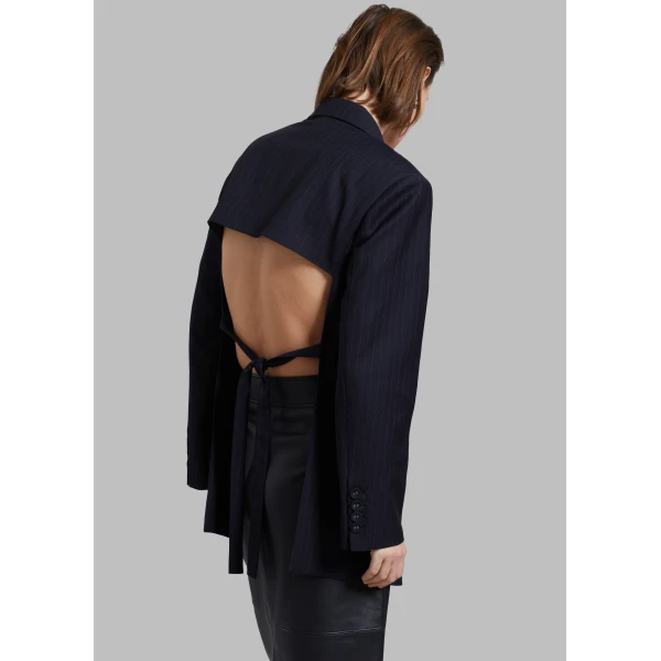 The Frankie Shop Cedric Open Back Blazer - Navy Stripe - Oversized Minimalist Jackets in Blue - Shop at Luxury Shoes 