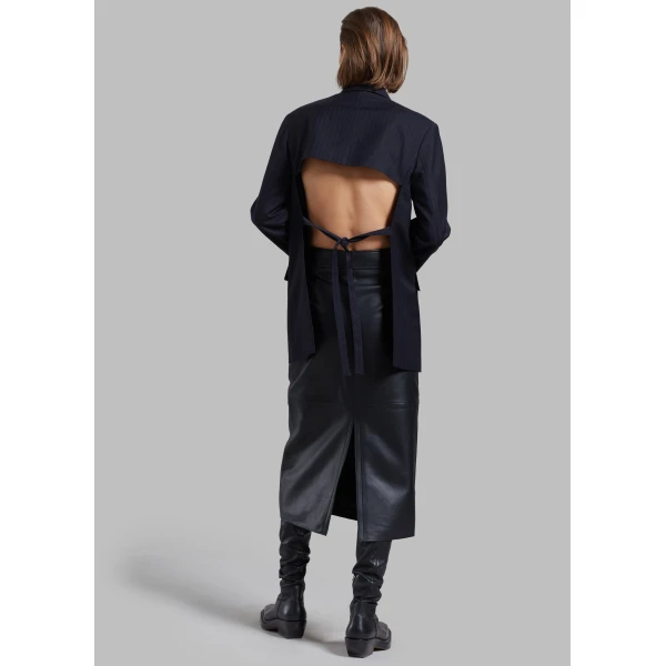 The Frankie Shop Cedric Open Back Blazer - Navy Stripe - Oversized Minimalist Jackets in Blue - Shop at Luxury Shoes 