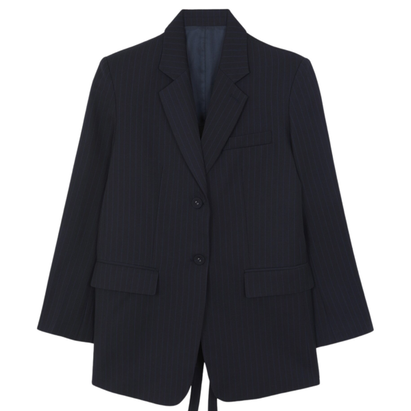 The Frankie Shop Cedric Open Back Blazer - Navy Stripe - Oversized Minimalist Jackets in Blue - Shop at Luxury Shoes 