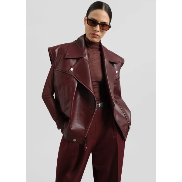 The Frankie Shop Cetina Leather Vest - Burgundy - Oversized Minimalist Jackets in Red - Shop at Luxury Shoes 