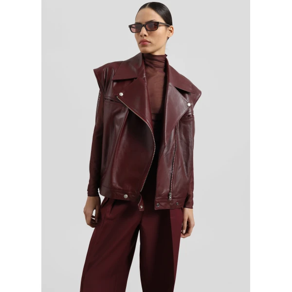 The Frankie Shop Cetina Leather Vest - Burgundy - Oversized Minimalist Jackets in Red - Shop at Luxury Shoes 
