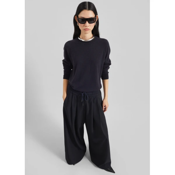 The Frankie Shop Corlen Pleated Wide Pants - Dark Navy - Oversized Minimalist Pants in Blue - Shop at Luxury Shoes 