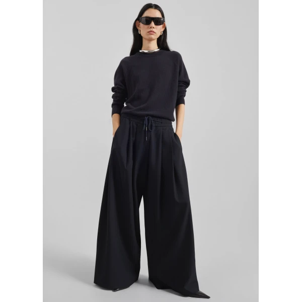 The Frankie Shop Corlen Pleated Wide Pants - Dark Navy - Oversized Minimalist Pants in Blue - Shop at Luxury Shoes 