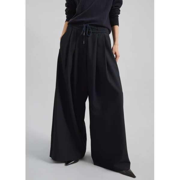 The Frankie Shop Corlen Pleated Wide Pants - Dark Navy - Oversized Minimalist Pants in Blue - Shop at Luxury Shoes 
