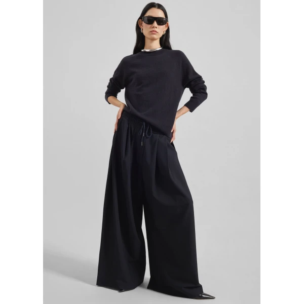 The Frankie Shop Corlen Pleated Wide Pants - Dark Navy - Oversized Minimalist Pants in Blue - Shop at Luxury Shoes 