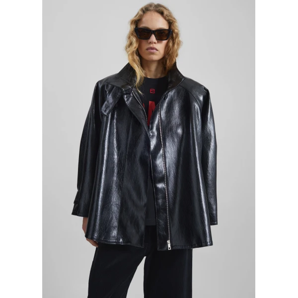The Frankie Shop Dalaro Faux Leather Swing Jacket - Black - Oversized Minimalist Jackets in Black - Shop at Luxury Shoes 