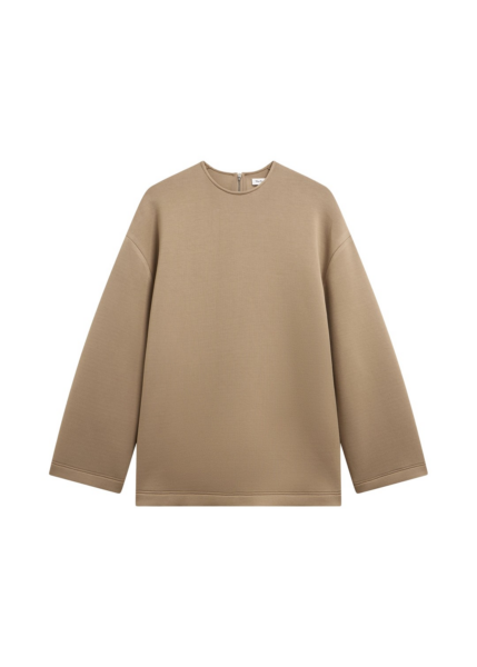 The Frankie Shop Delancey Long Sleeve Neoprene Top - Camel - Oversized Minimalist Tops in Brown - Shop at Luxury Shoes 