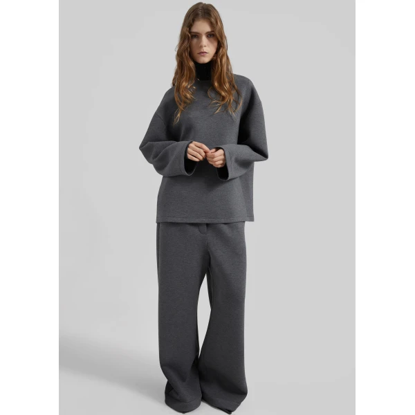The Frankie Shop Delancey Long Sleeve Neoprene Top - Dark Grey - Oversized Minimalist Tops in Grey - Shop at Luxury Shoes 
