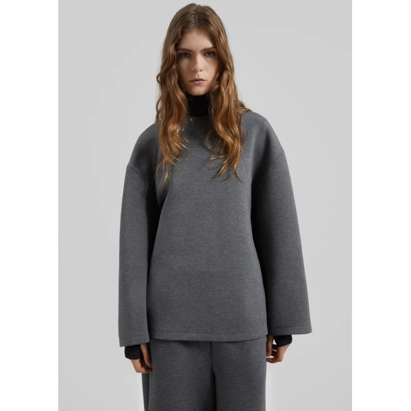 The Frankie Shop Delancey Long Sleeve Neoprene Top - Dark Grey - Oversized Minimalist Tops in Grey - Shop at Luxury Shoes 