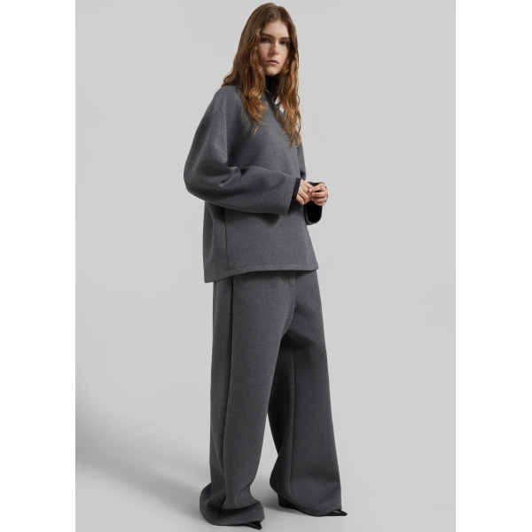 The Frankie Shop Delancey Long Sleeve Neoprene Top - Dark Grey - Oversized Minimalist Tops in Grey - Shop at Luxury Shoes 