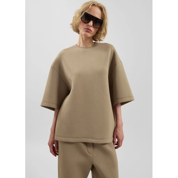 The Frankie Shop Delancey Neoprene Tee - Camel - Oversized Minimalist Tops in Brown - Shop at Luxury Shoes 