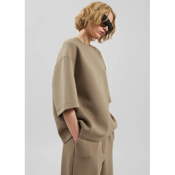 The Frankie Shop Delancey Neoprene Tee - Camel - Oversized Minimalist Tops in Brown - Shop at Luxury Shoes 