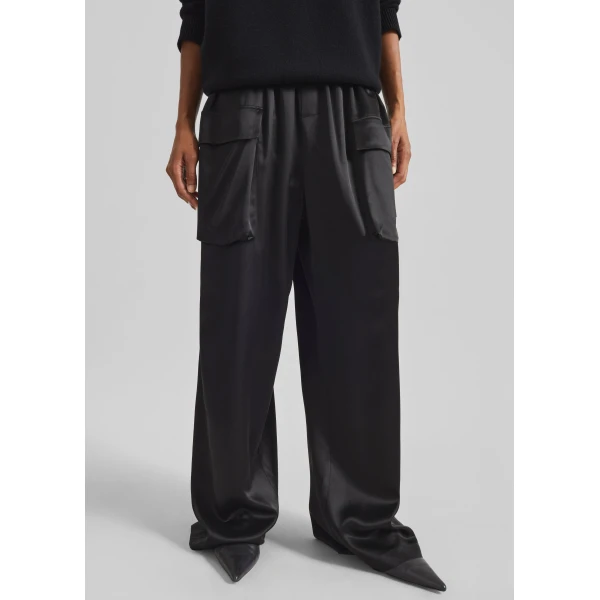 The Frankie Shop Delny Satin Cargo Pants - Black - Oversized Minimalist Pants in Black - Shop at Luxury Shoes 